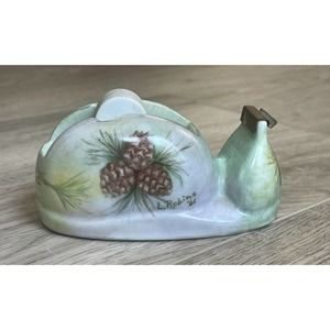 Vintage Hand Painted Ceramic Office Desktop Tape Dispenser Green with Pinecones